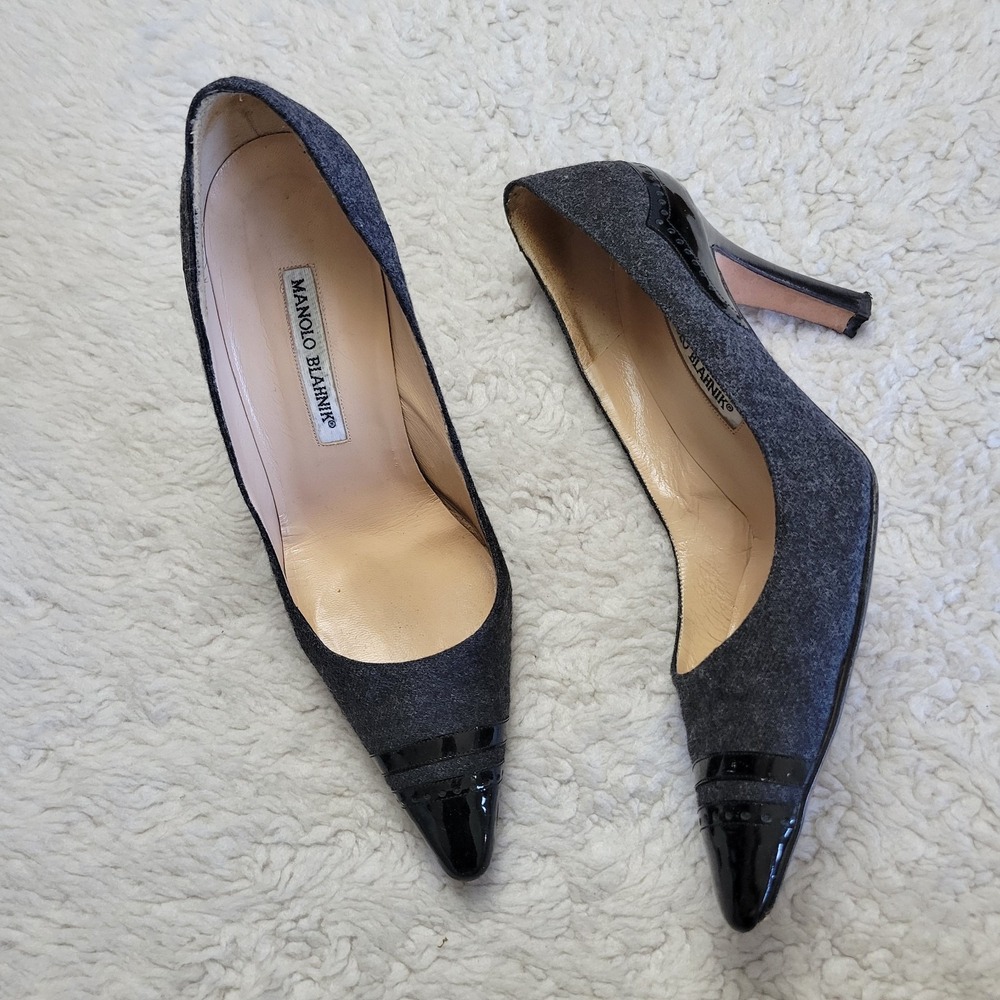 Manolo Blahnik Heels Women's 38 Gray Black Patent Leather